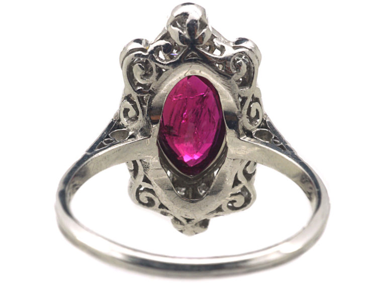Art Deco Platinum, Marquise Cut Ruby & Diamond Ring