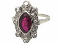 Art Deco Platinum, Marquise Cut Ruby & Diamond Ring