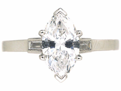 French Platinum, Marquise Diamond Ring with Baguette Diamond set Shoulders
