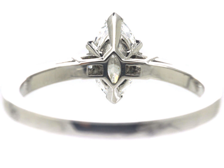 French Platinum, Marquise Diamond Ring with Baguette Diamond set Shoulders