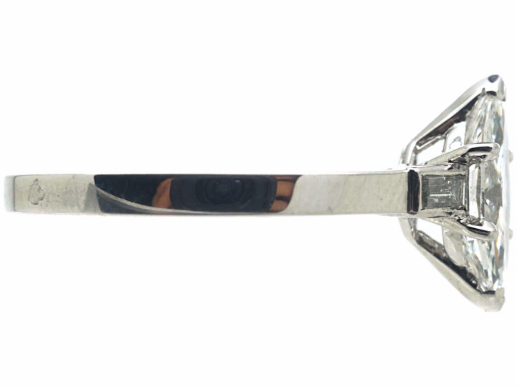 French Platinum, Marquise Diamond Ring with Baguette Diamond set Shoulders