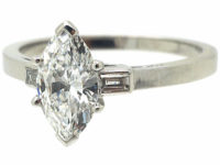 French Platinum, Marquise Diamond Ring with Baguette Diamond set Shoulders