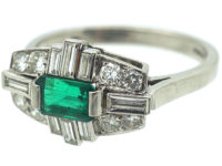 Art Deco Style 18ct White Gold, Emerald & Diamond Ring