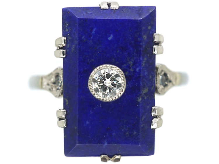 Art Deco 18ct White Gold & Platinum, Lapis Lazuli & Diamond Rectangular Shaped Ring