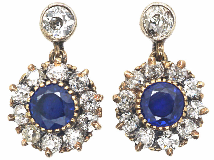 Edwardian Sapphire & Diamond Cluster Drop Earrings
