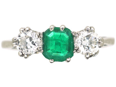 Art Deco Platinum, Emerald & Diamond Three Stone Ring