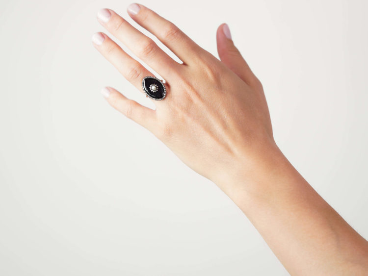 Georgian 9ct Gold, Enamel, Rose Diamond & Natural Split Pearl Navette Shaped Ring
