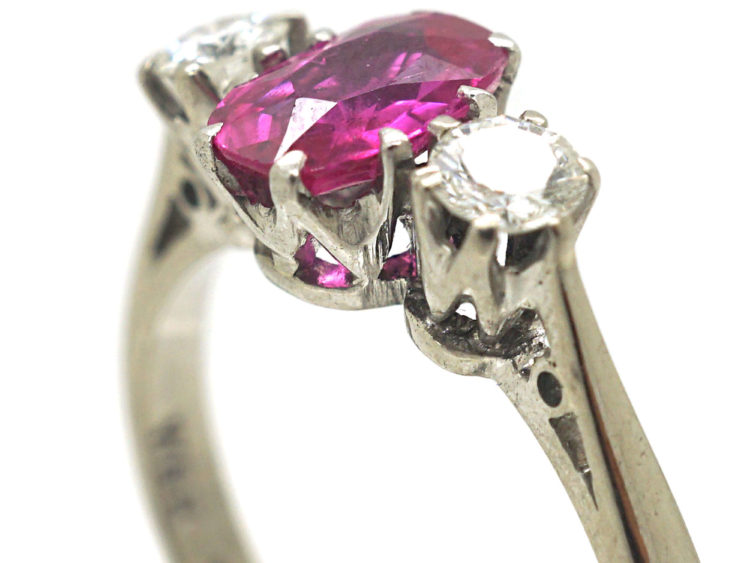 Art Deco 18ct White Gold & Platinum, Pink Sapphire & Diamond Three Stone Ring