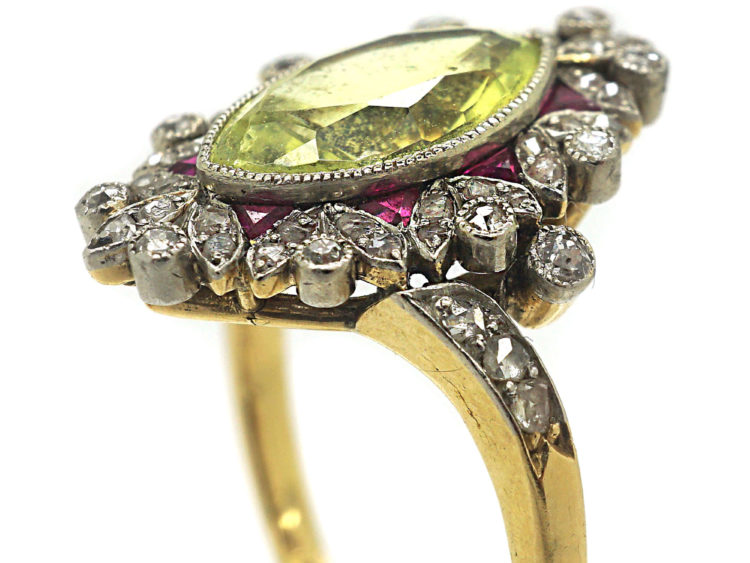 Edwardian 18ct Gold & Platinum, Chrysolite, Diamond & Ruby Ring