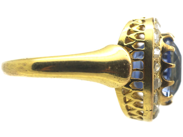 Victorian 18ct Gold, Ceylon Sapphire & Rose Diamond Cluster Ring