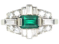 Art Deco Style 18ct White Gold, Emerald & Diamond Ring