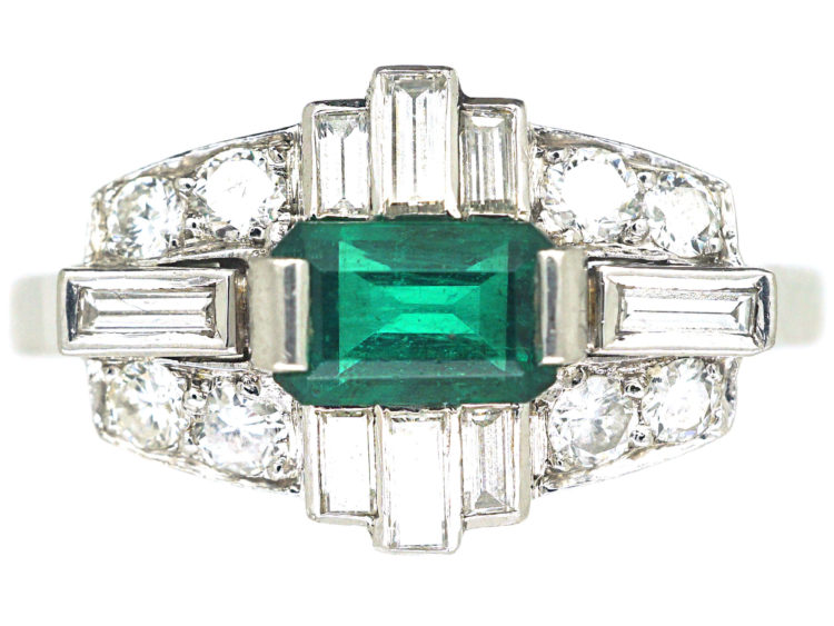 Art Deco Style 18ct White Gold, Emerald & Diamond Ring