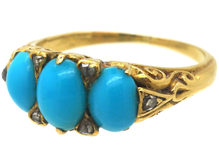 Victorian 18ct Gold Three Stone Turquoise & Rose diamond Ring