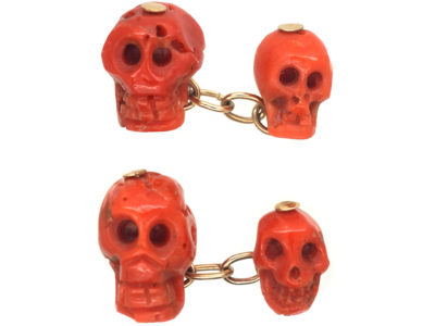 Victorian Memento Mori Carved Coral Skull Cufflinks