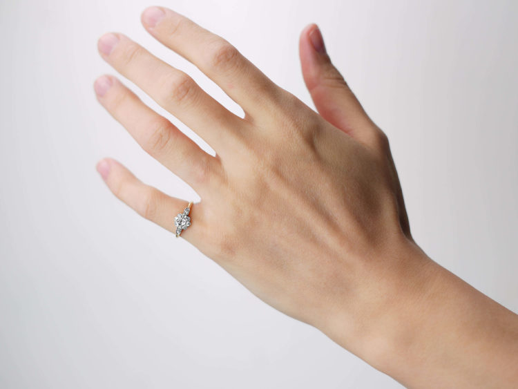 Edwardian 18ct Gold & Platinum, Diamond Cluster Ring with Diamond Set Shoulders
