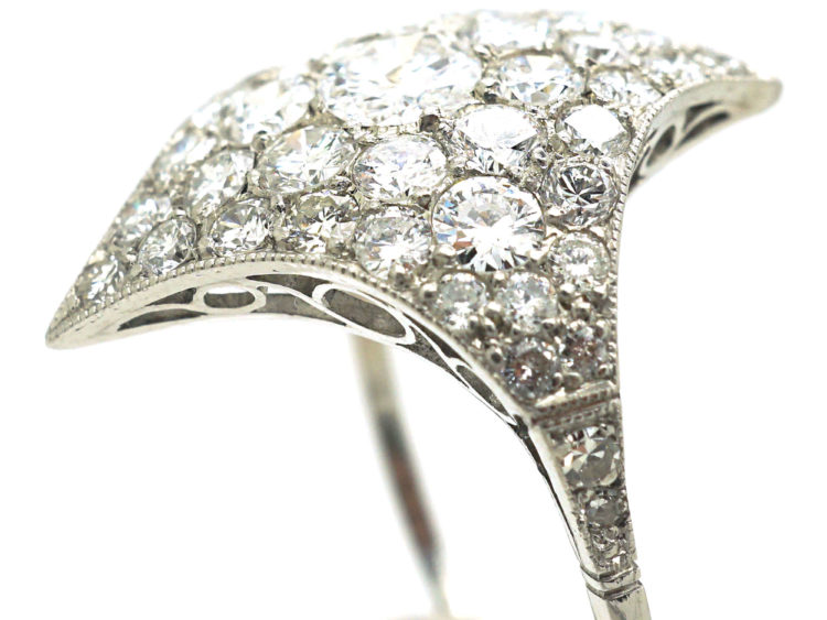 Art Deco Platinum Curved Diamond-Shaped Cluster Ring