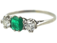 Art Deco Platinum, Emerald & Diamond Three Stone Ring