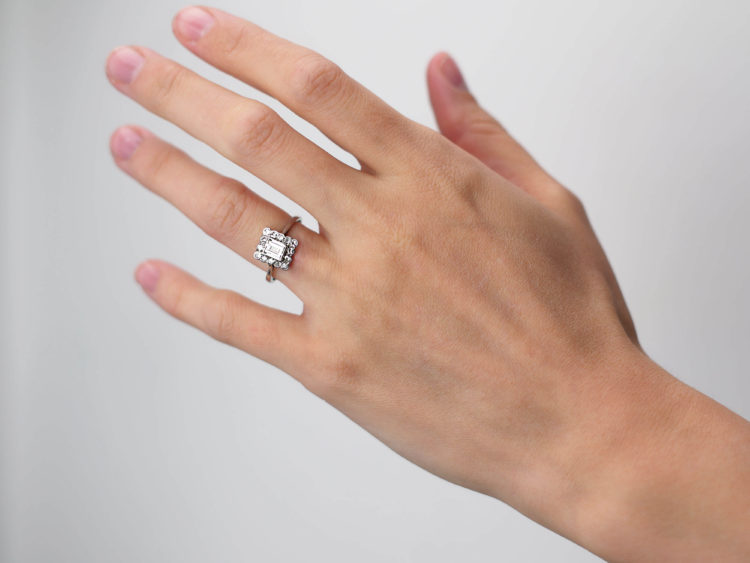 Art Deco Platinum & Diamond Rectangular Ring with Emerald Cut Central Diamond