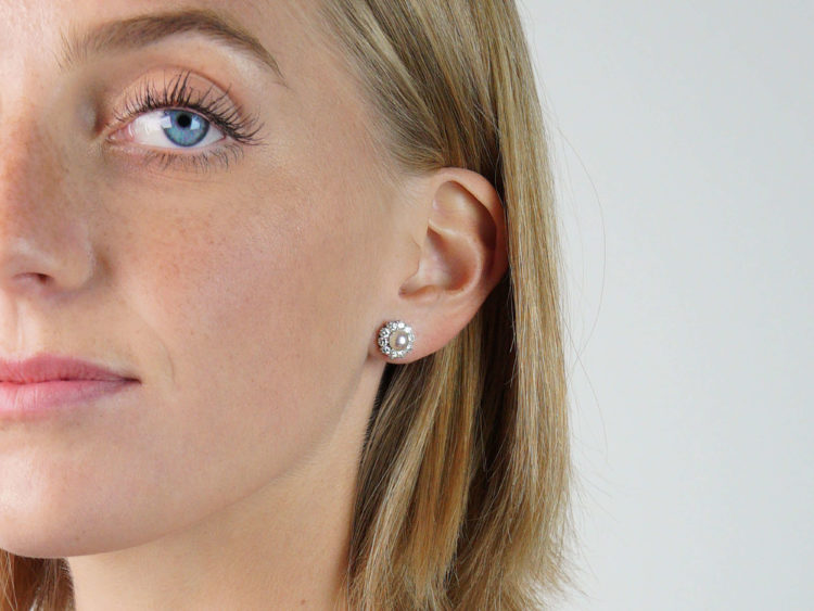 18ct White Gold, Pearl & Diamond Cluster Earrings