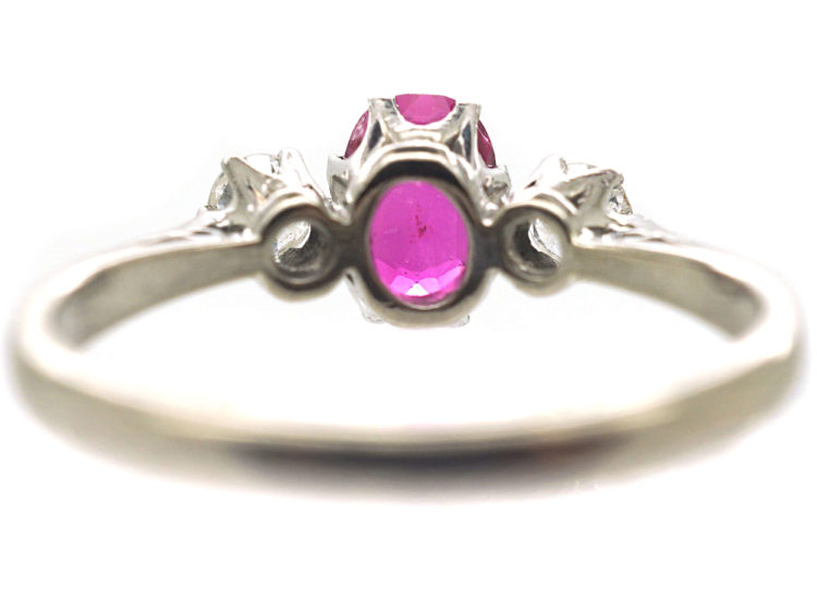 Art Deco 18ct White Gold & Platinum, Pink Sapphire & Diamond Three Stone Ring