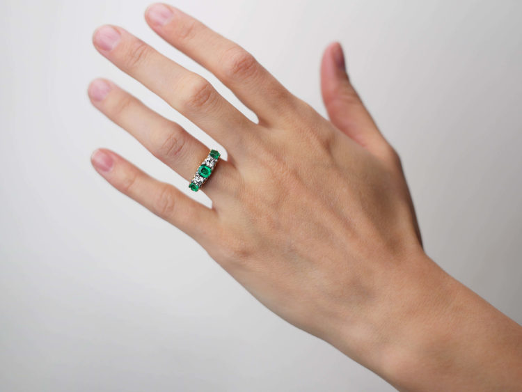 Victorian 18ct Gold, Emerald & Diamond Carved Half Hoop Ring
