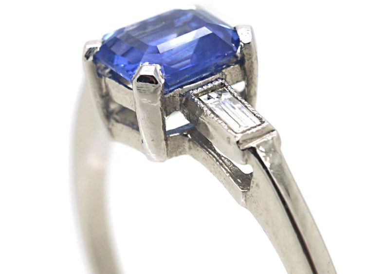 Platinum, Rectangular Sapphire & Baguette Diamond Ring