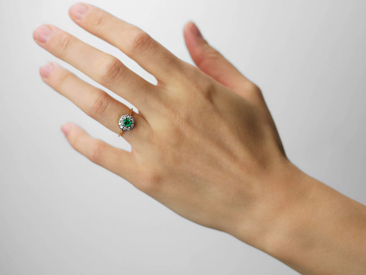 18ct Gold & Platinum, Emerald & Diamond Cluster Ring