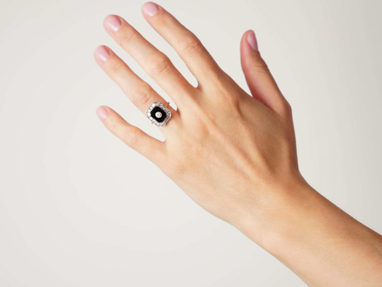 Art Deco 18ct Gold & Platinum, Onyx & Diamond Octagonal Shaped Ring