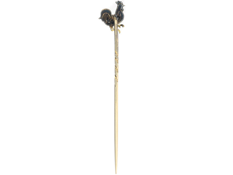 Edwardian 15ct Gold & Silver Enamel & Rose Diamond Cockerel Tie Pin