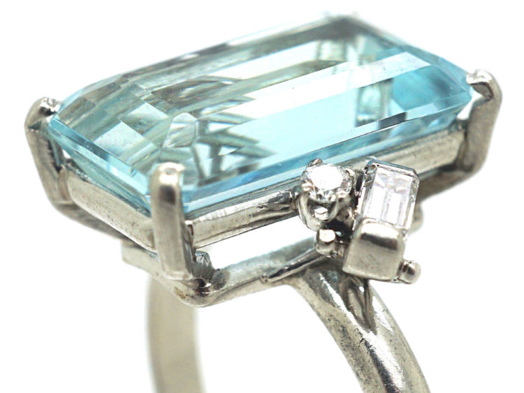 Platinum, Rectangular Aquamarine & Diamond Ring
