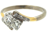 Art Deco 18ct White Gold Two Stone Crossover Ring