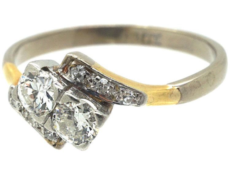 Art Deco 18ct White Gold Two Stone Crossover Ring