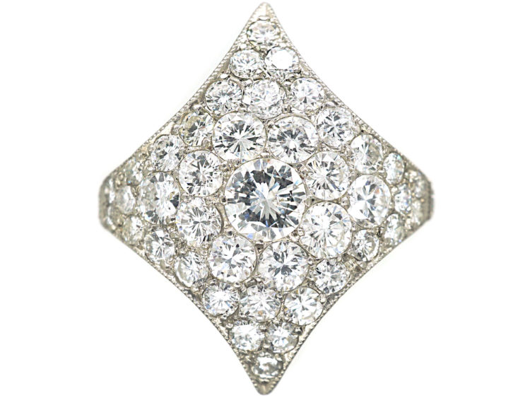 Art Deco Platinum Curved Diamond-Shaped Cluster Ring