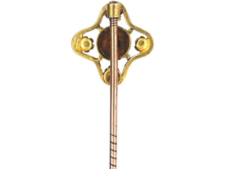 Edwardian 15ct Gold Tie Pin set with a Garnet & Four Natural Pearls