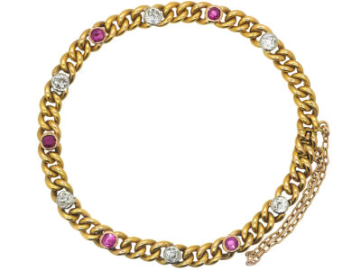 French 18ct Gold, Ruby & Diamond Curb Link Bracelet