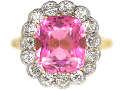 Edwardian 18ct Gold & Platinum, Pink Tourmaline & Diamond Cluster Ring
