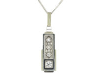 Art Deco 14ct White Gold, Diamond & Onyx Pendant on a Chain