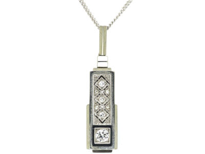 Art Deco 14ct White Gold, Diamond & Onyx Pendant on a Chain