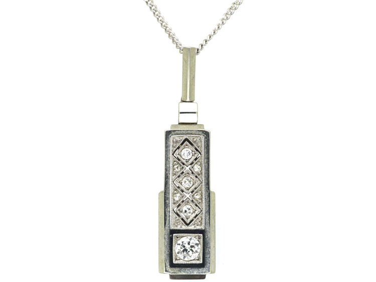 Art Deco 14ct White Gold, Diamond & Onyx Pendant on a Chain