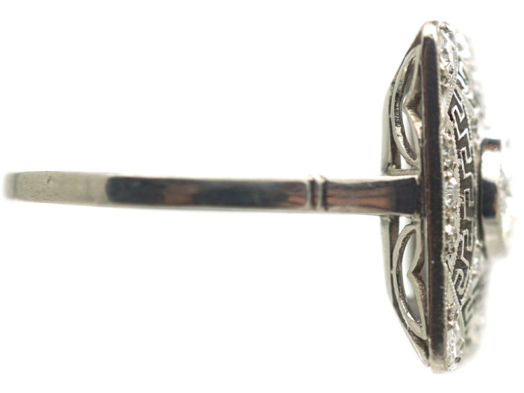 Art Deco Rectangular Platinum & Diamond Ring with Key Design Detail