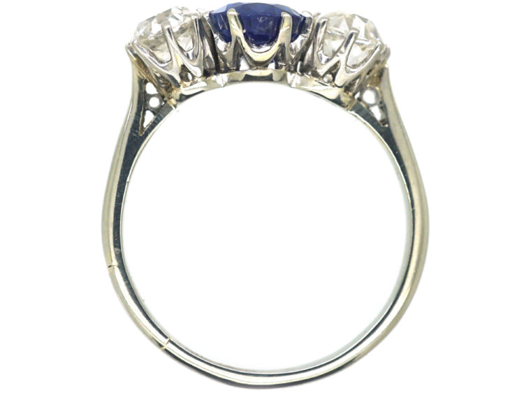 Art Deco 18ct White Gold, Three Stone Sapphire & Diamond Ring