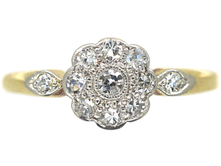 Edwardian 18ct Gold & Platinum Diamond Cluster Ring with Diamond Set Shoulders
