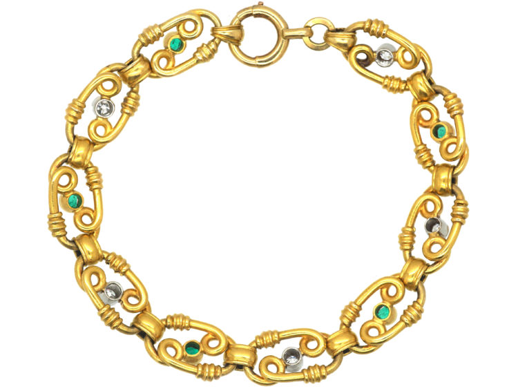 French Belle Epoque 18ct Gold Diamond & Emerald Bracelet
