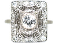 Art Deco Rectangular Platinum & Diamond Ring with Key Design Detail
