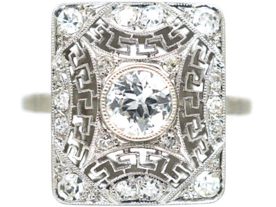 Art Deco Rectangular Platinum & Diamond Ring with Key Design Detail Art Deco Rectangular Platinum & Diamond Ring with Key Design Detail