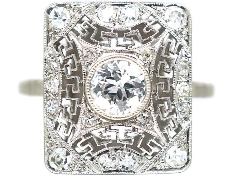 Art Deco Rectangular Platinum & Diamond Ring with Key Design Detail