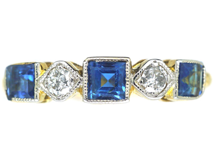 Art Deco 18ct Gold & Platinum, Sapphire & Diamond Five Stone Ring