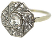 French Art Deco 18ct White Gold and Platinum, Diamond Catherine Wheel Design Ring