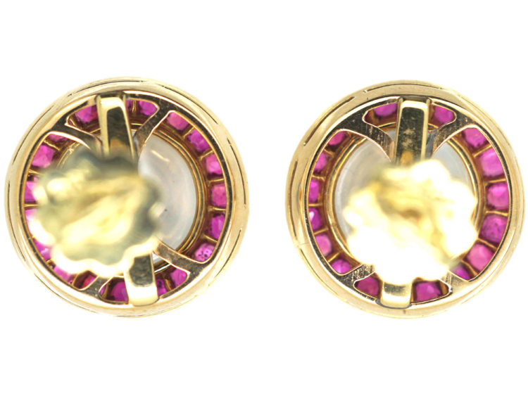 Edwardian 14ct Gold Moonstone & Ruby Round Stud Earrings