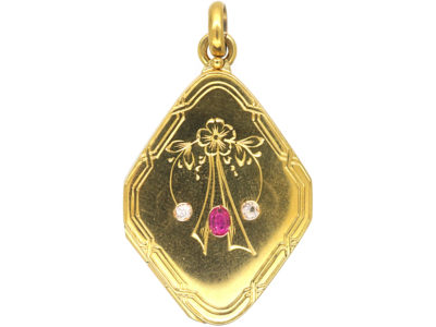 Edwardian 14ct Gold Locket set with a Ruby & Two Natural Split Pearls